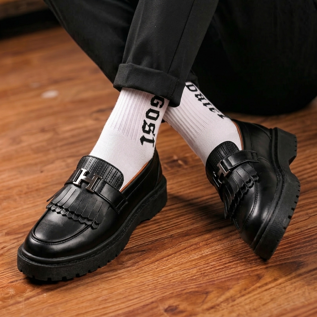 Sepatu Formal Loafers Kulit Sintetis Sole Tebal Hitam Kerja Ukuran 39-45