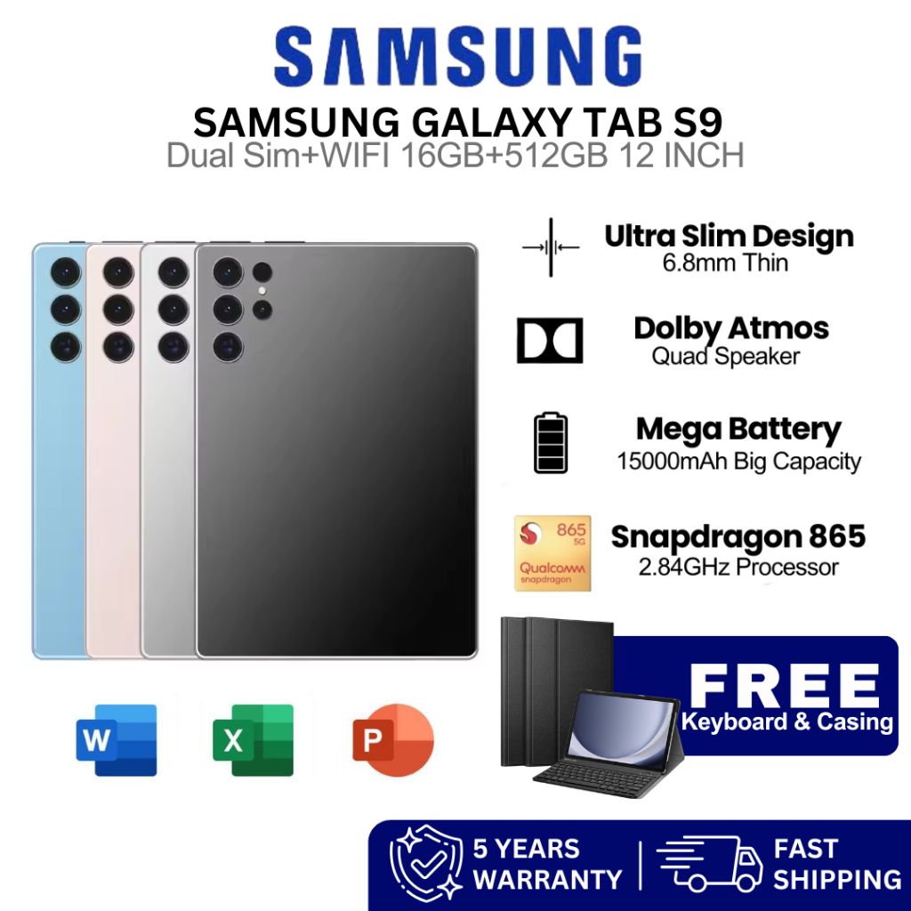 Samsung Galaxy S9 Tab 12 Inch 2026 | 5G/4G LTE | 16GB RAM 512GB ROM | Dual SIM | Android Tablet