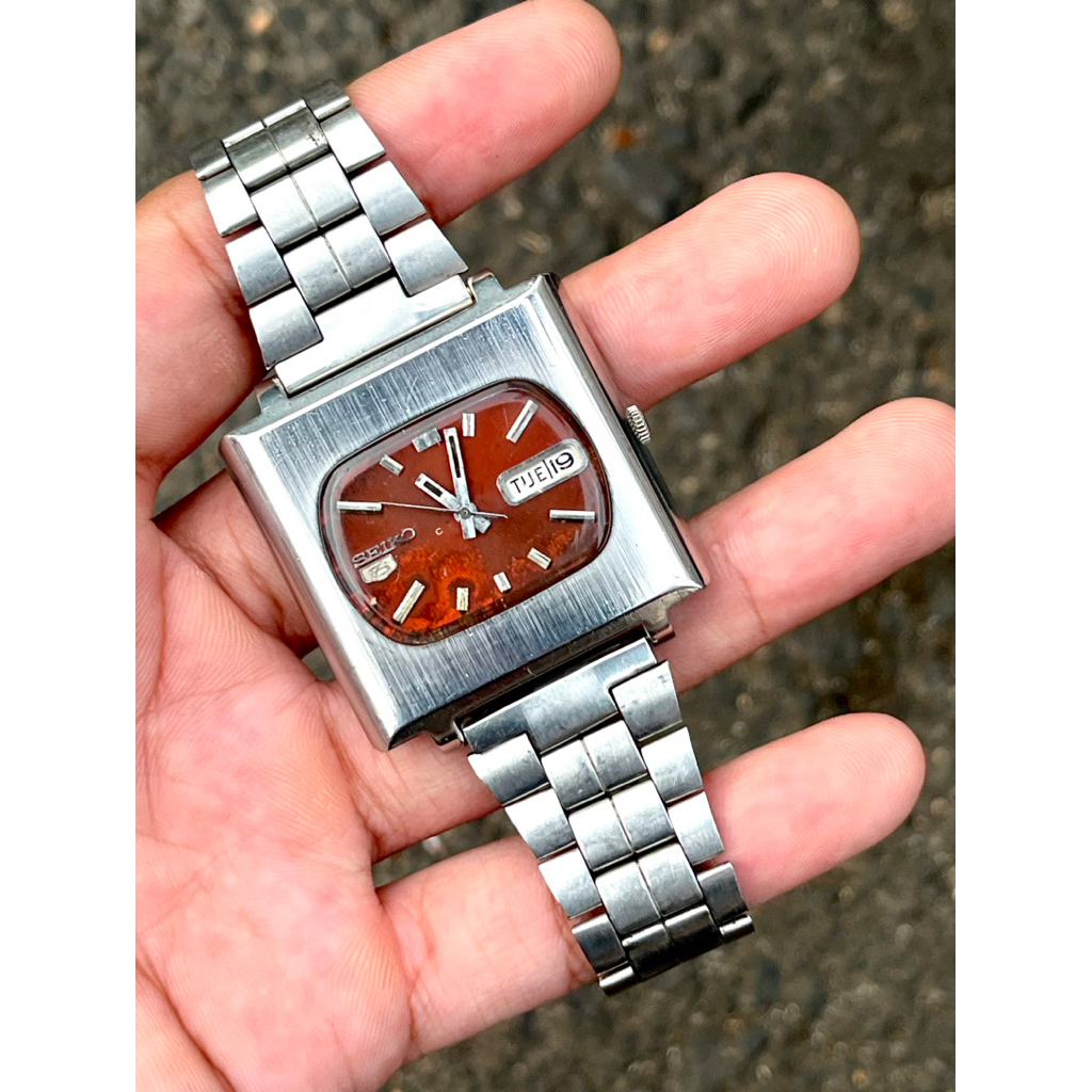 Jam Tangan Seiko 5 Tank Kotak Automatic Red Cherry Dial Vintage Unik Murah Rare Jadul