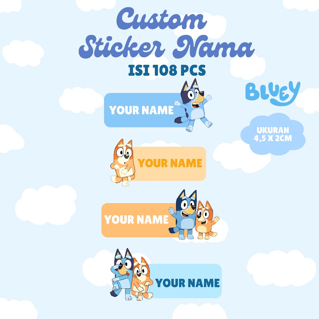 Stiker Label Nama Anak Laki Custom Sticker BLUEY ULANG TAHUN SOUVENIR HAMPERS ULTAH Edition Premium 