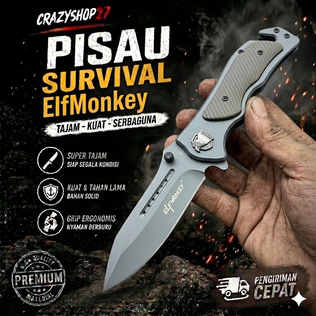 Pisau Survival Lipat Tactical Elfmonkey " Pisau Survival Solid Steel