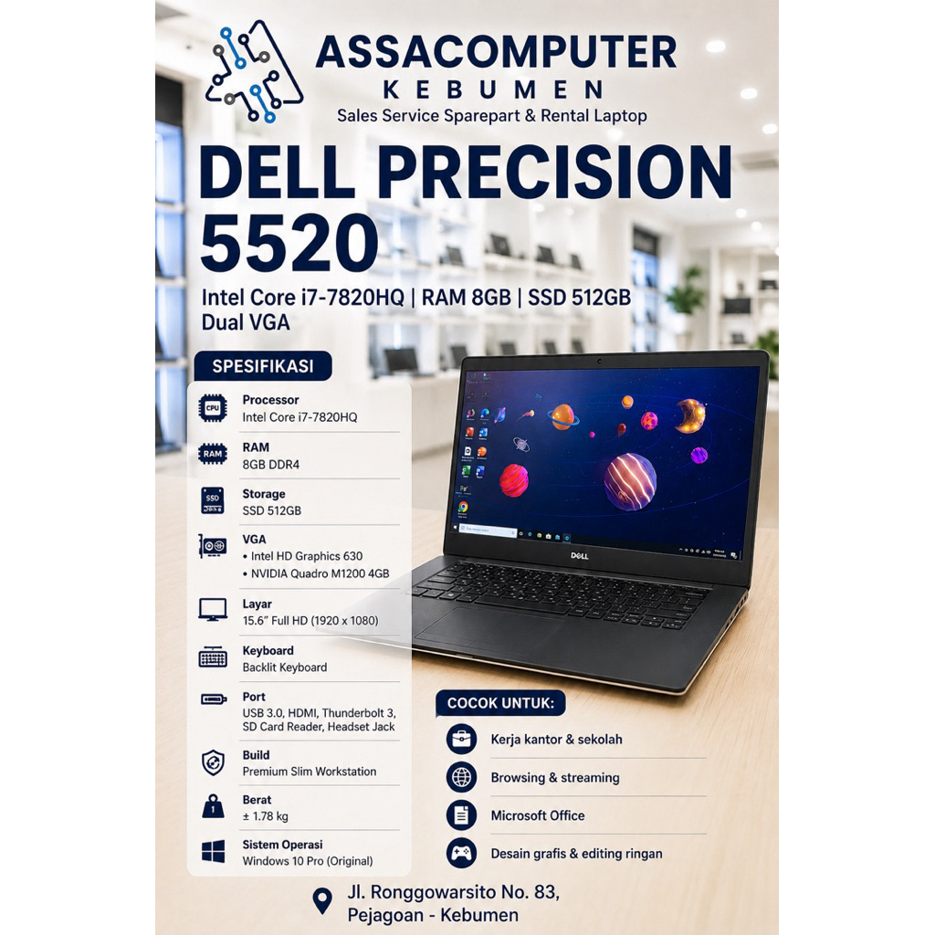 Dell Precision 5520 Intel Core i7-7820HQ Ram 8GB SSD 512GB