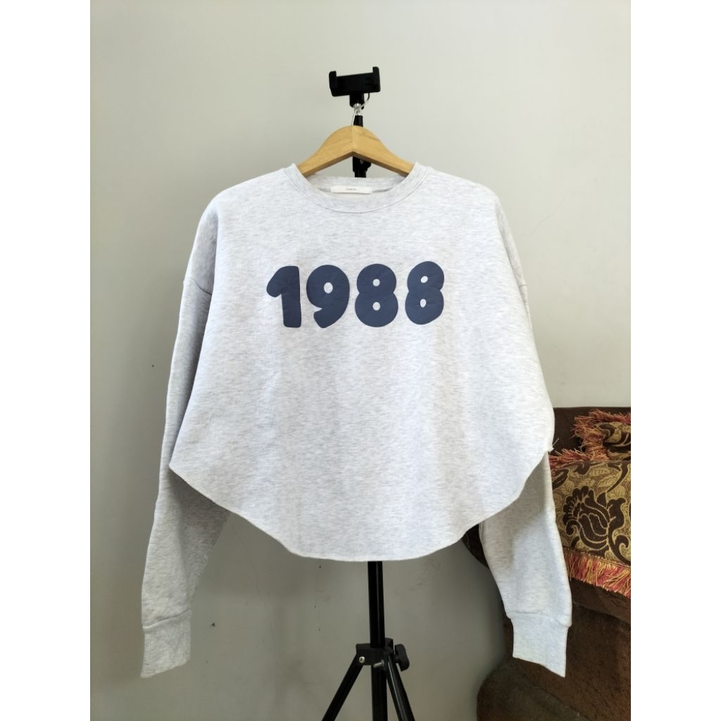 BAJU ATASAN WANITA CREWNECK CROP OVAL CN WANITA OVERSIZE BOXY LENGAN BALON FLECEE GREY LUCU PL