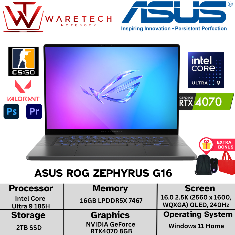 Asus ROG Zephyrus G16 Intel Ultra 9 16GB DDR5 2TB SSD Nvidia RTX 4070 8GB 16 Inch WQXGA OLED 240Hz