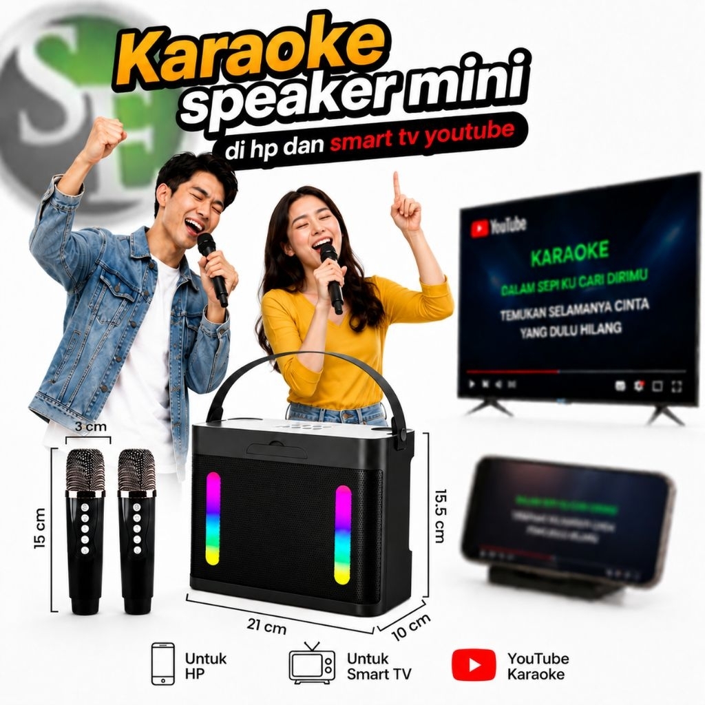 Speaker Portable Karaoke Mini Bluetooth 2 Mic Wireless Support HP & Smart TV YouTube