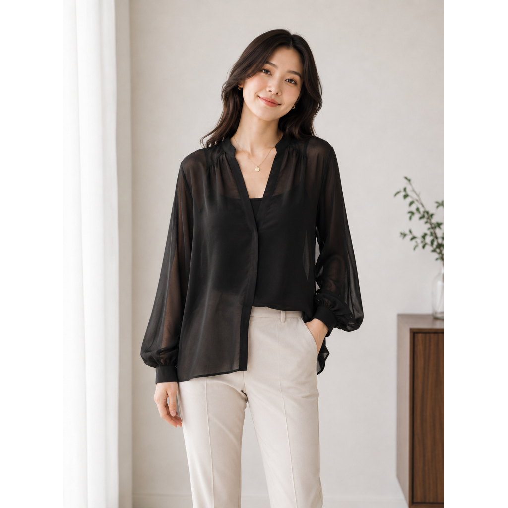 blouse mesh v neck EXP atasan blus hitam polos branded