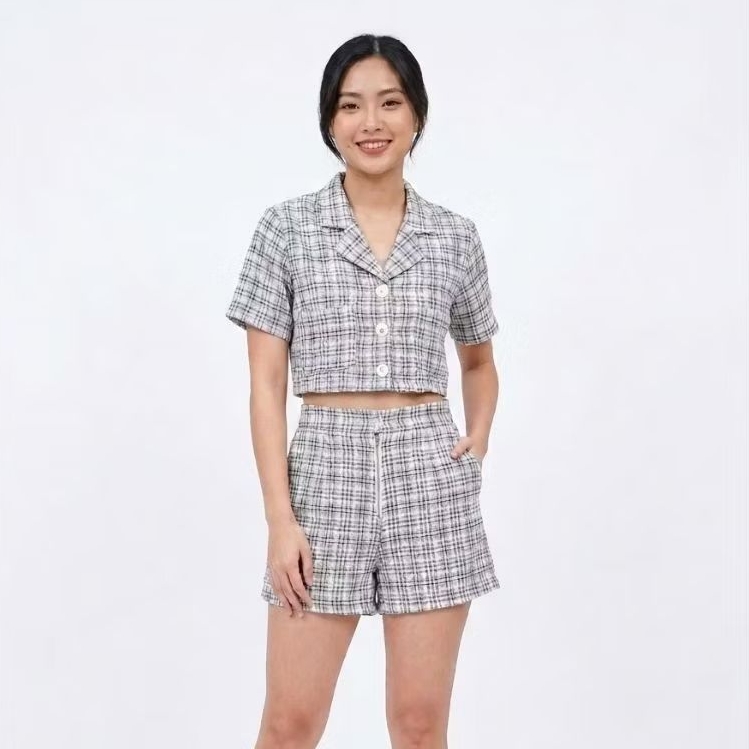 Kemeja & Celana Pendek Tweed Kotak2 / Set / Setel