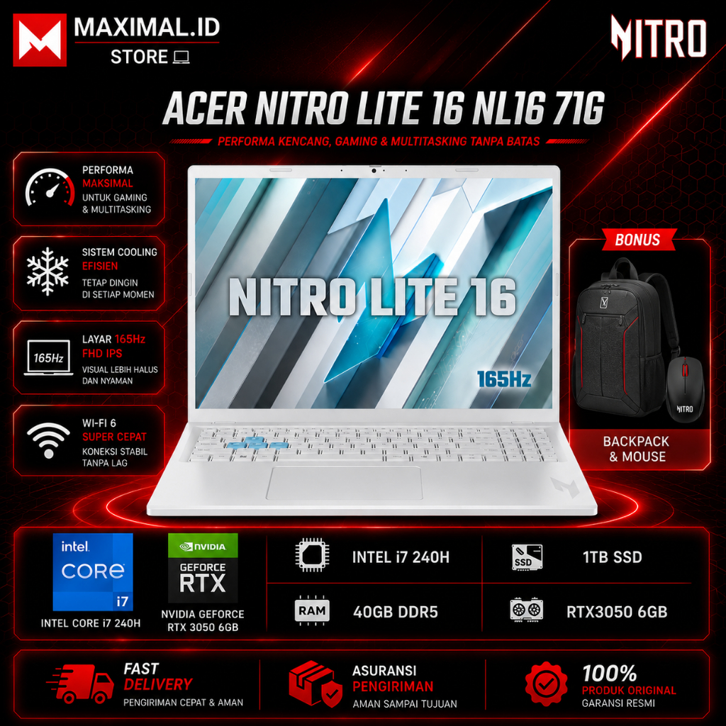 ACER Nitro Lite 16 NL16 71G RTX3050 6GB Intel Core 7 240H 32Gb 1TB SSD WUXGA IPS 180Hz 100sRGB Win11