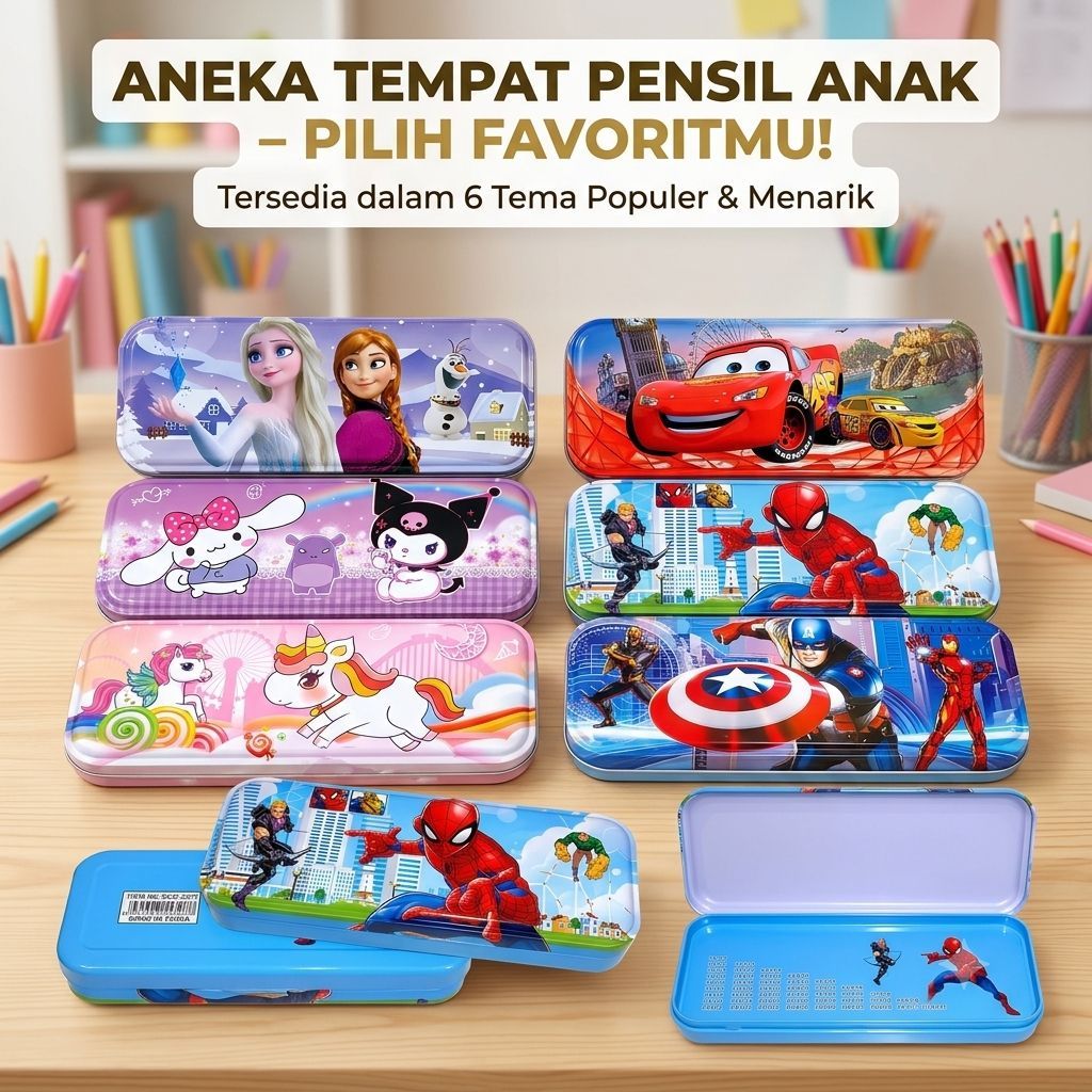 Tempat pensil Kaleng anak - Kotak tempat pensil alat tulis karakter lucu 2 tingkat