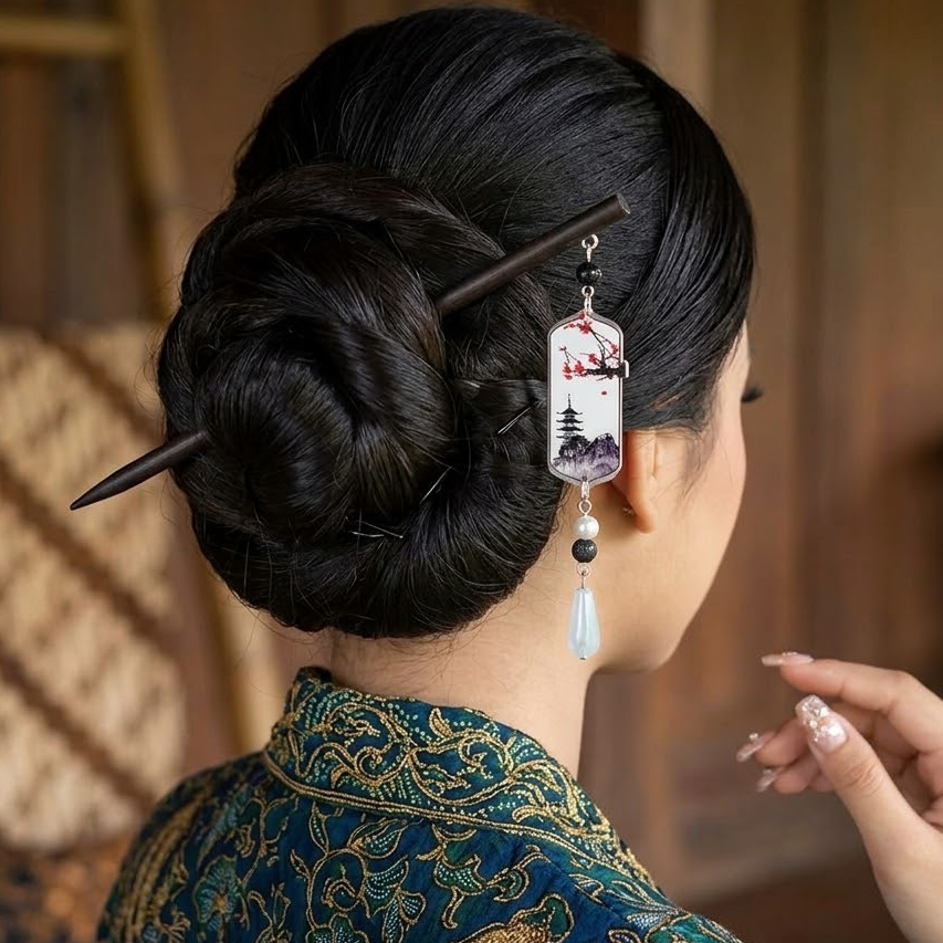Tusuk rambut Kayu gaya tradisional Rumbai Pemandangan Jepang ,bunga,Nyaman Ringan dipakai