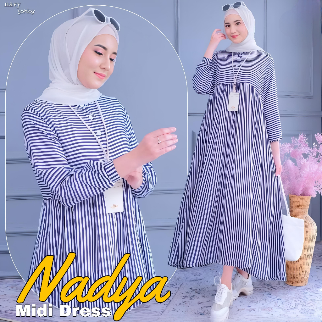 NADYA DRESS SALUR KATUN VISCOSE | DRESS WANITA MOTIF SALUR | FASHION MUSLIM WANITA KEKINIAN