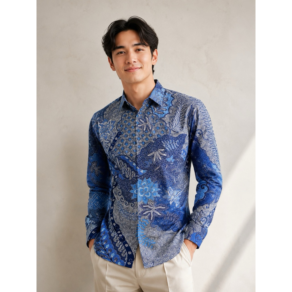 BATIK PRIA KATUN Kemeja Batik Pria Katun Halus Biru Langit Lengan Pendek