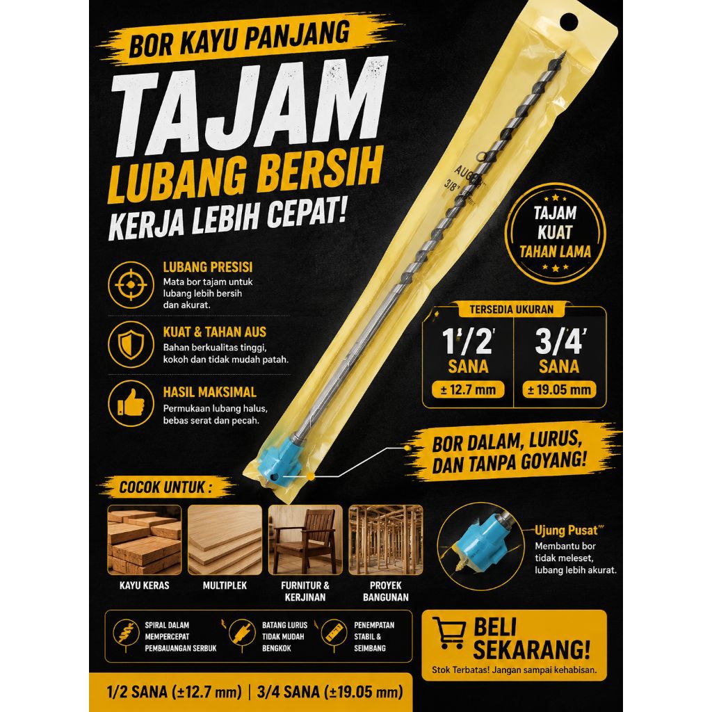 Mata bor kayu panjang/ mata bor kayu panjang drilbit 1/2 ONO
