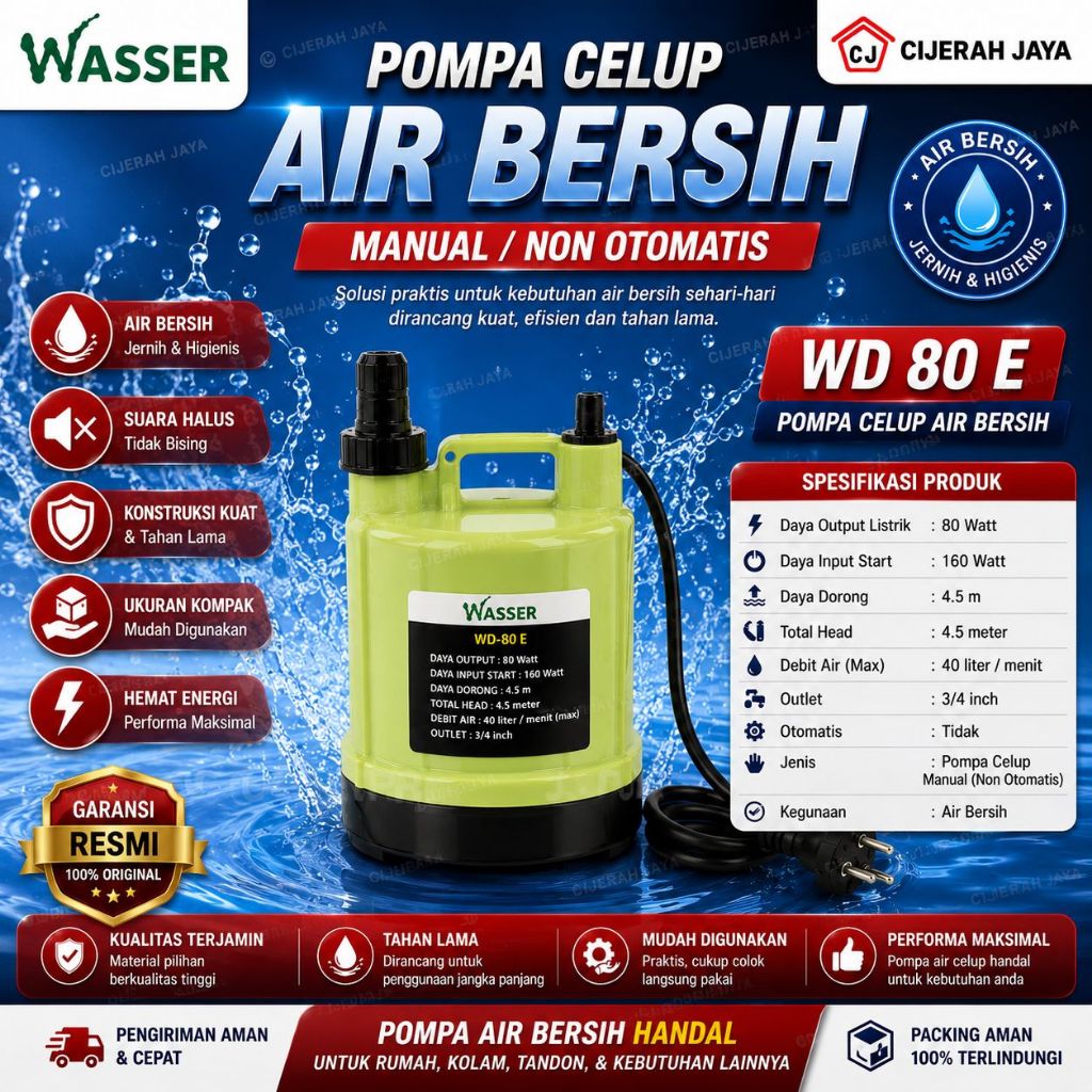 WASSER Pompa Celup WD 80E Pompa Celup 80Watt / WASSER WD80E WD 80 E Pompa Celup Air Bersih