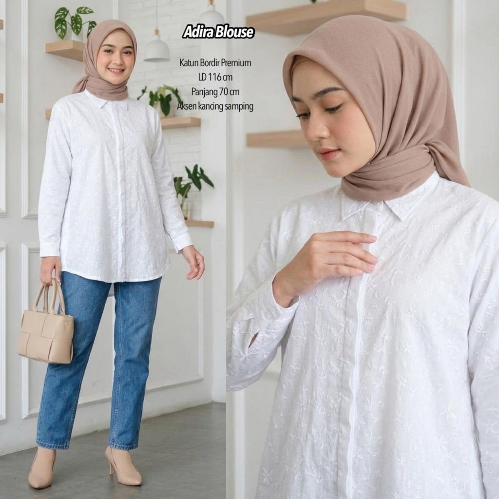 ADIRA BLOUSE / LEONA BLOUSE / BLOUSE WANITA KATUN BORDIR / BLOUSE PUTIH