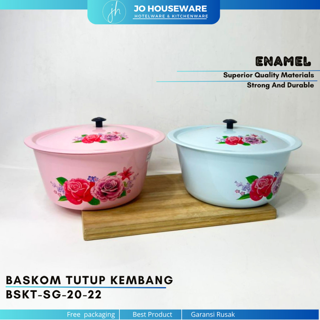 JO HOUSEWARE Baskom Tutup Seng Kembang Warna / Baskom Tutup Enamel Motif Kembang Biru & Pink Wadah L