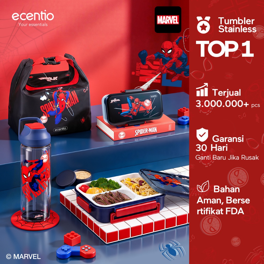 [Back To School] ecentio Kotak Makan Set anti tumpah lunch box anak 800ml free sendok botol minum lu