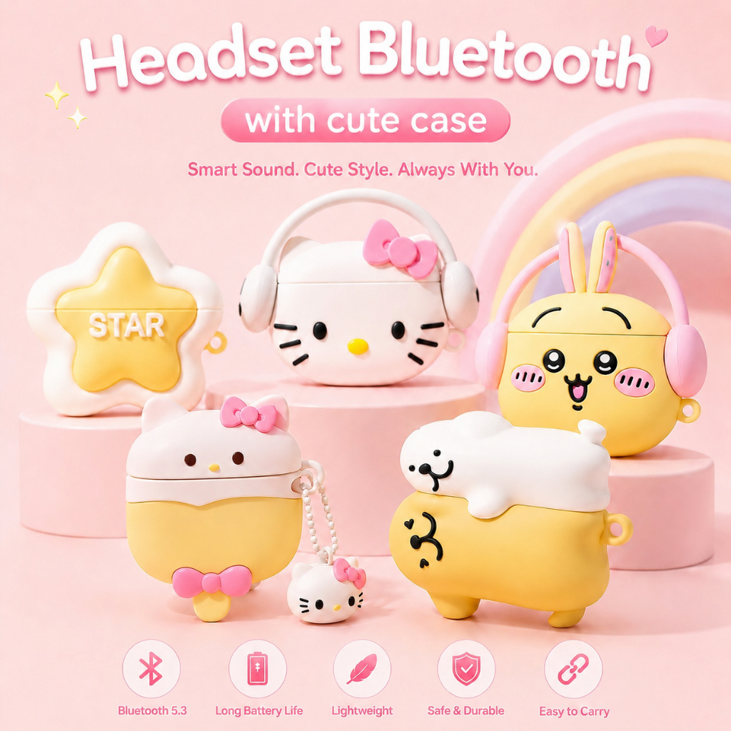Headset Bluetooth i12 TWS – Earphone Bluetooth 5.3 dengan Case Kartun 3D Lucu Ver.1