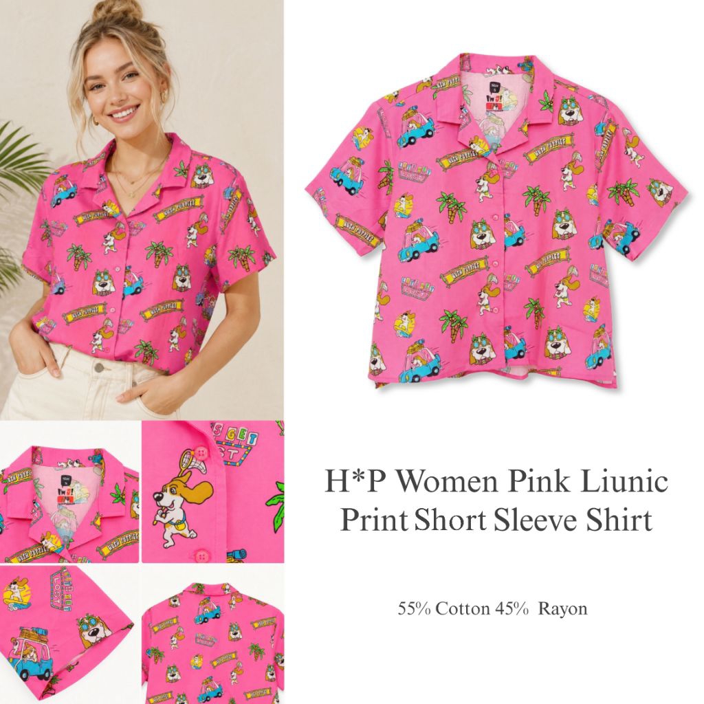 Women Pink Liunic Print Short Sleeve Shirt / Kemeja wanita original branded / kemeja wanita terbaru