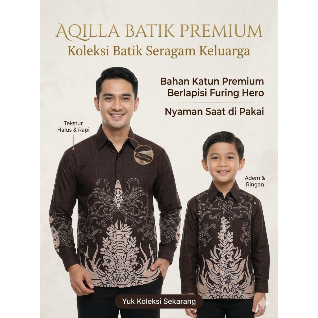 Batik Coklat Mahogany Pria  Pasangan Ayah & Anak Laki Laki Lengan Panjang Furing Anak Non Furing Bah