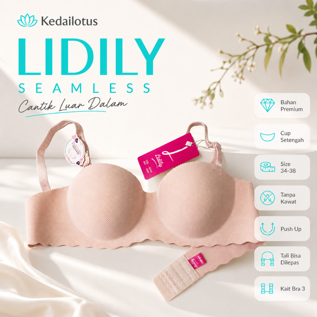 Lidily Bra Bh Seamless Push Up Cup 1/2 Tanpa Kawat Tali Lepas Pasang