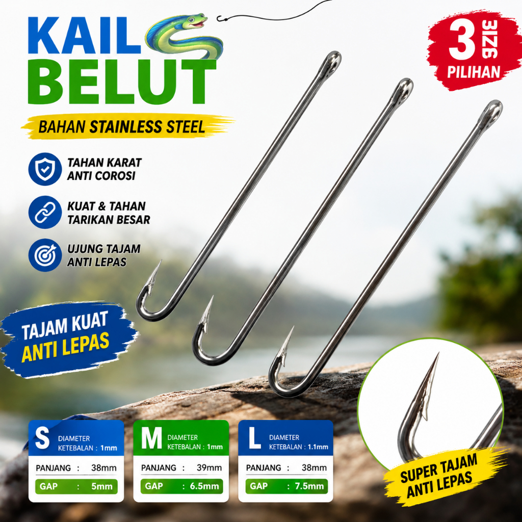 Mata Kail Urek Belut Stainless 38mm Tajam Anti Karat Kuat Cocok Untuk Alat Pancing Belut Sawah