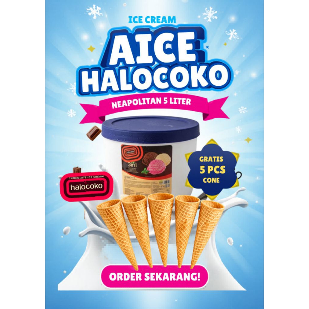 Ice Cream Aice Halocoko 3 Rasa Size 5 Liter + Gratis Cone waffle 5 pcs