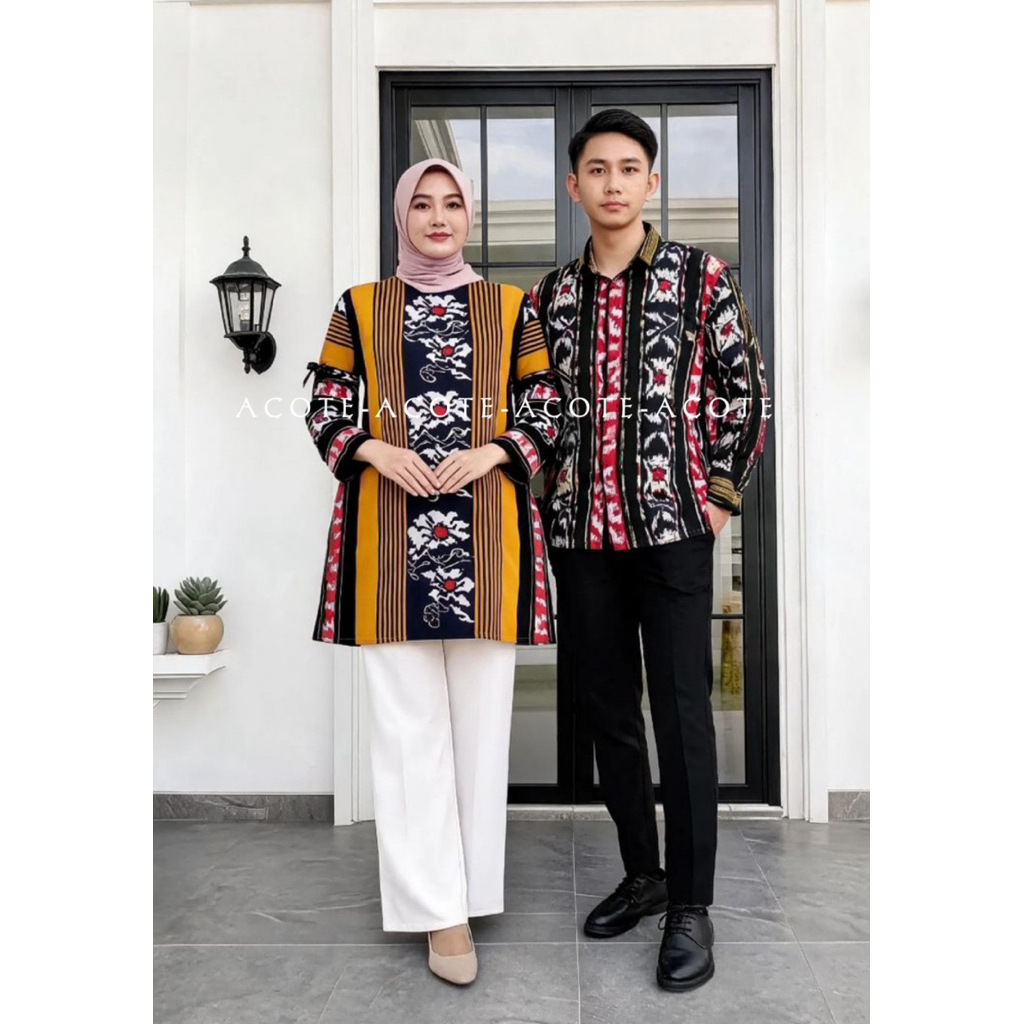 Tunik Tenun Sandra Mawar Kuning Couple Modern Muslimah Premium Lengan Panjang ( Sarimbit Tenun)