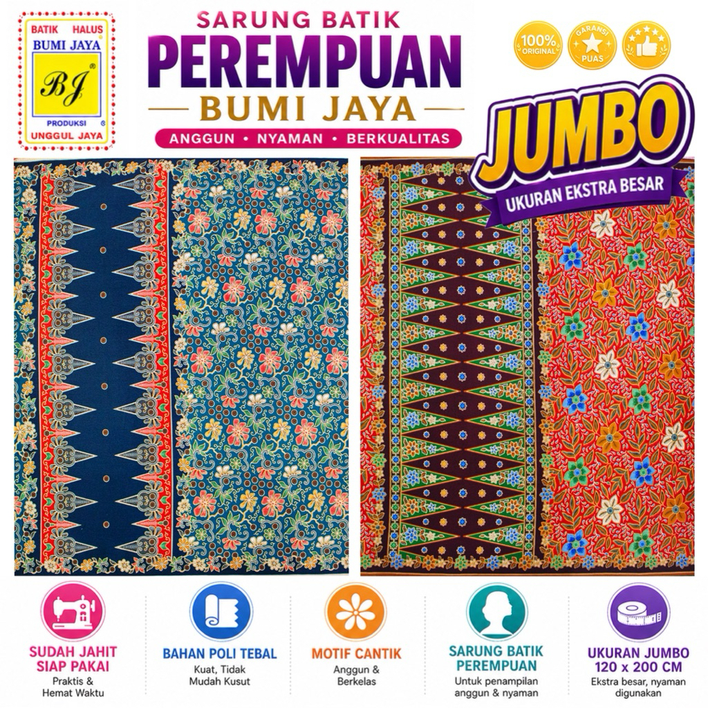 Sarung Batik Bumi Jaya Unggul Kain Polyester Tebal Jarik Wanita Motif Panjang Sudah Jahit Pekalongan