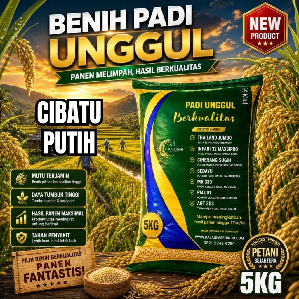 BENIH PADI UNGGUL CIBATU PUTIH KEMASAN 5,KG BENIH PADI KUALITAS ORIGINAL