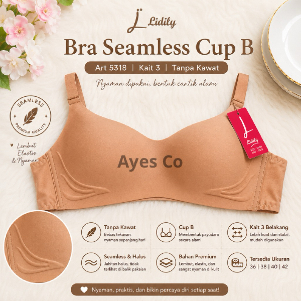 Bra Seamless Lidily 5318 / Bh Lidily Semles Tanpa Kawat Cup Sedang Kait 3 / Semless Bra Cup B Lidily