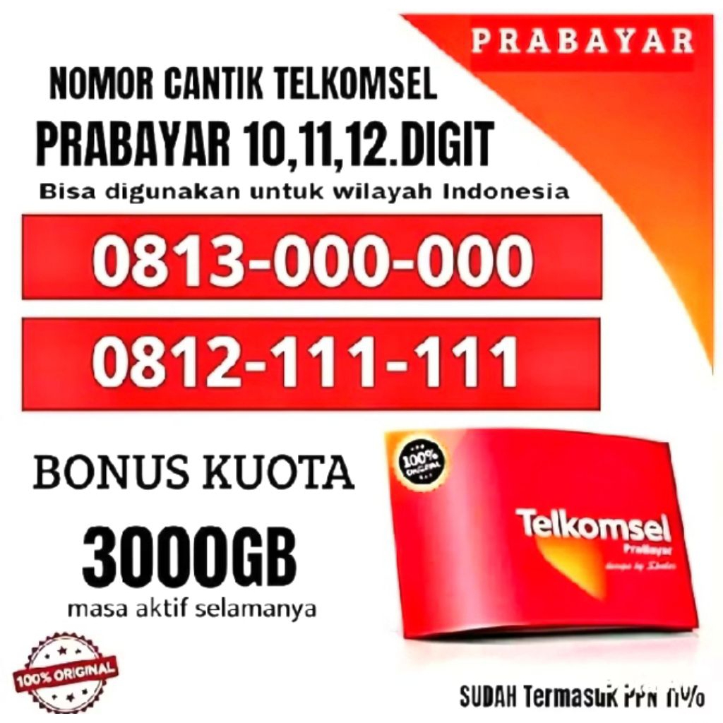 Nomor Kartu Cantik Telkomsel 10 Digit Bonus Kouta 3000GB Masa Aktif Selamanya
