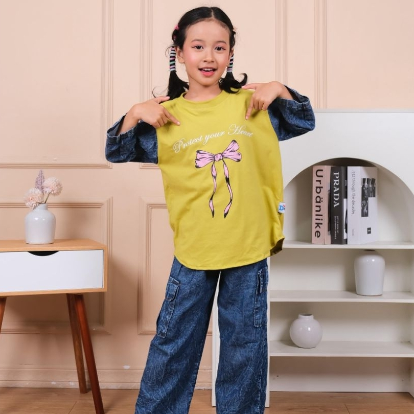 setelan anak perempuan Levis cargo baju katun combed anak usia 3-14 tahun
