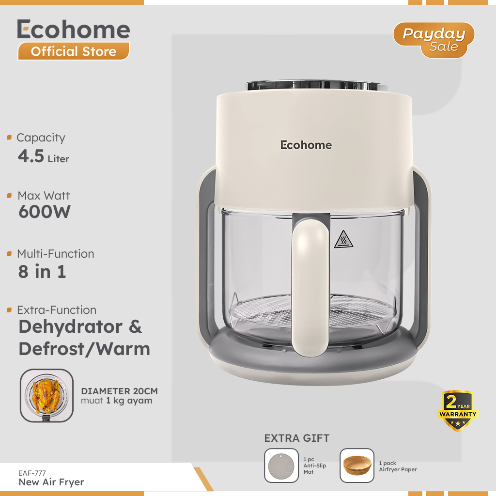 ECOHOME Air Fryer & Dehydrator 8 in 1 Function EAF777 4.5L Capacity with Panoramic Glass 360° View
