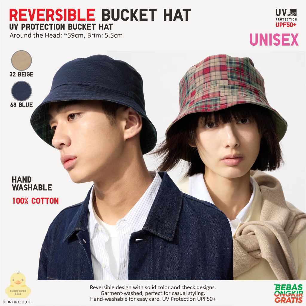 UNIQLO Reversible Bucket Hat UV Protection Topi Unisex Katun Dapat dibolak-balik Reversibel