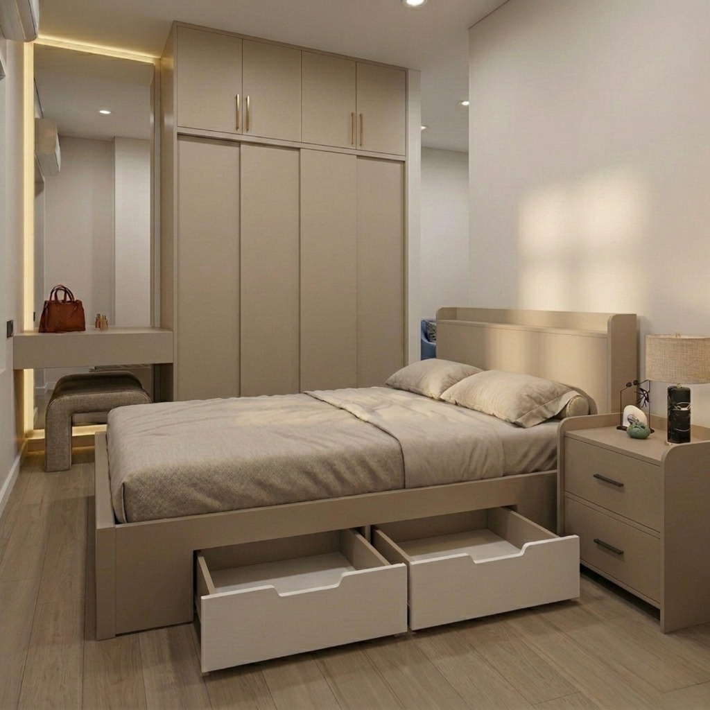 Set Kamar Tidur Minimalis Modern Custom Lemari Dan Tempat Tidur Laci Royalhadi Furniture