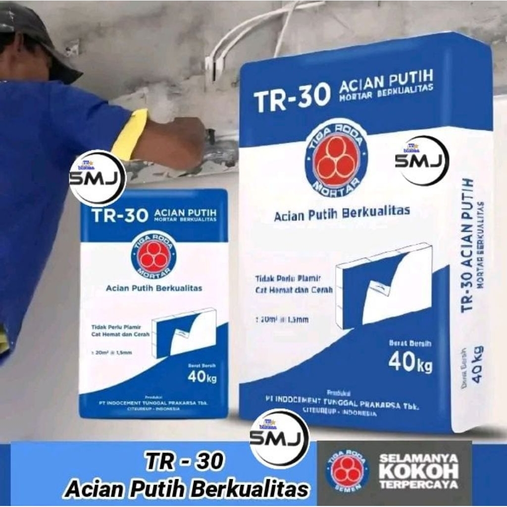 Mortar Acian Putih TR30 Tiga Roda Mortar Acian Putih TR-30 Tiga Roda 40kg Sak Acian Putih Tiga Roda