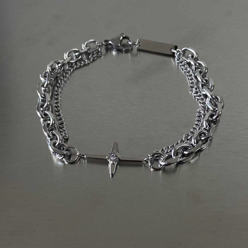 oHellow RENNA Bracelet Gelang Tangan Bangle Rantai Double Layer Silver Starburst Bintang Cross Brace
