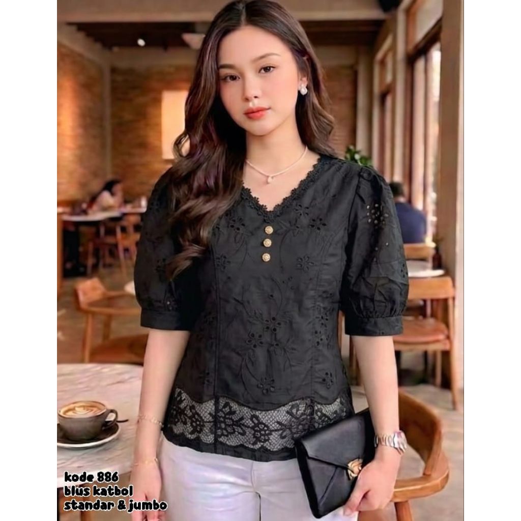 blus katun bolong hitam standar dan jumbo