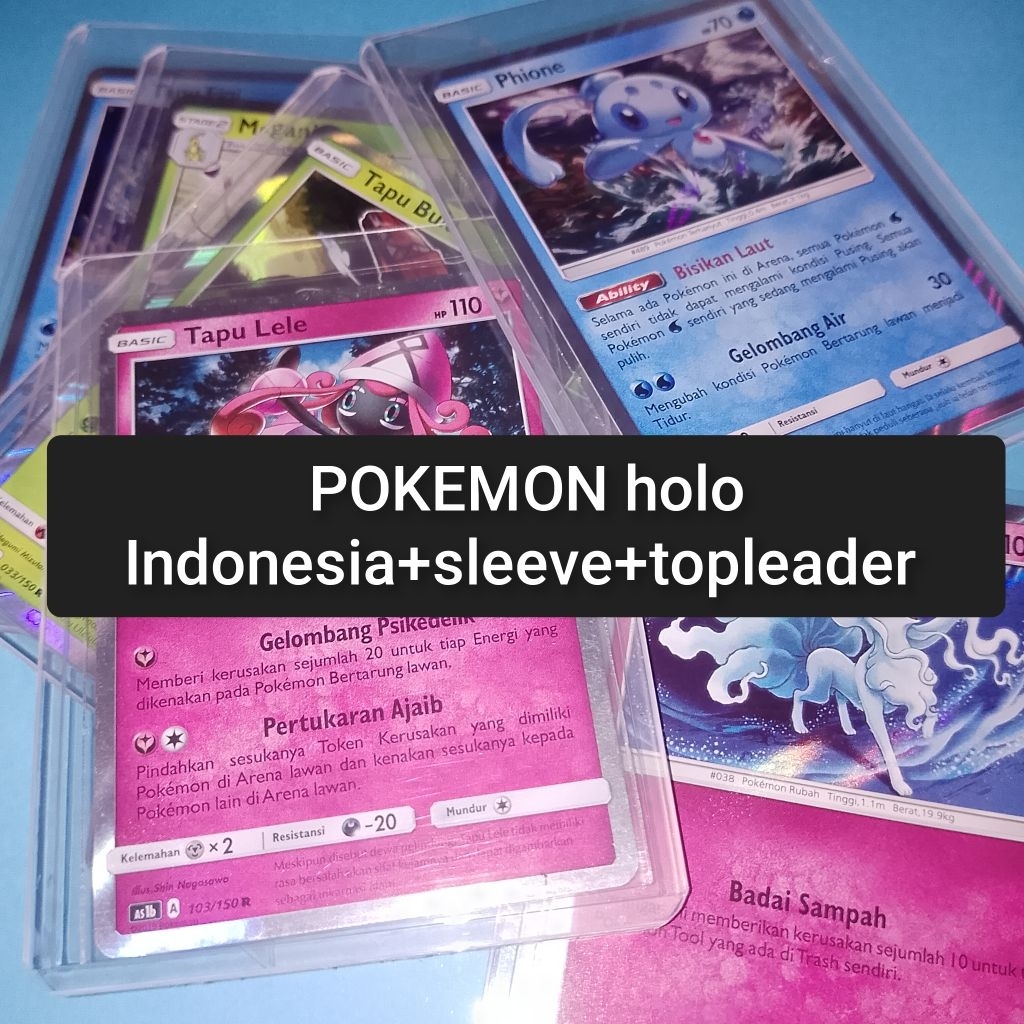 kartu pokemon holo Indonesia+sleeve+topleader