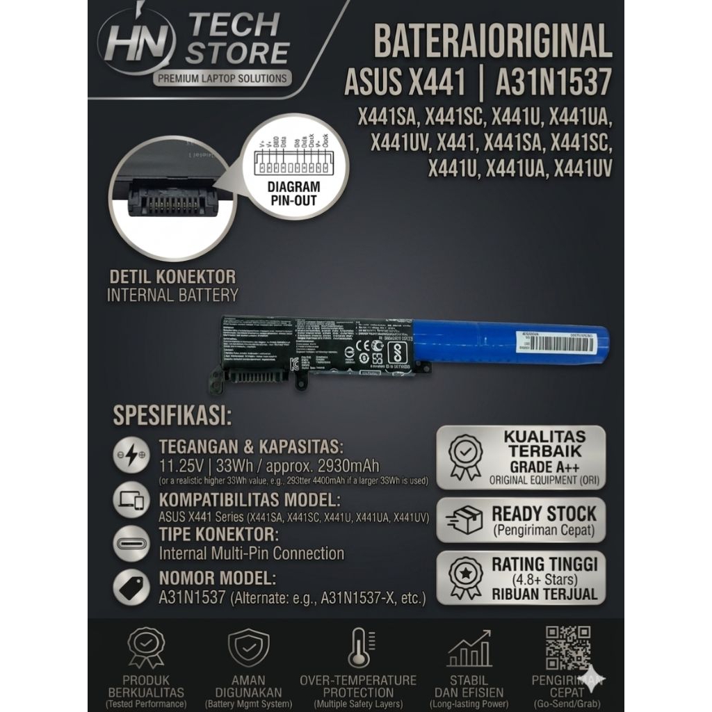 Baterai Laptop ASUS X441 X441S X441U X441UA X441UV A31N1537 Original