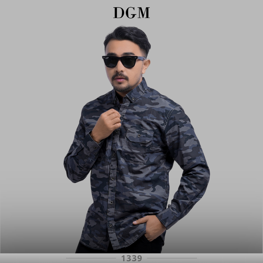 DGM Kemeja Pria Loreng Panjang Premium Kemeja Loreng Hitam-Abu Kemeja Kantong Dua 1339