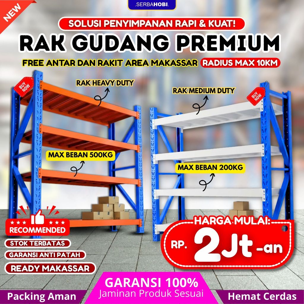 SERBA HOBI Rak Gudang Premium Starter & Jointer / Rak Gudang Multifungsi Muat 200kg - 500kg Berkuali