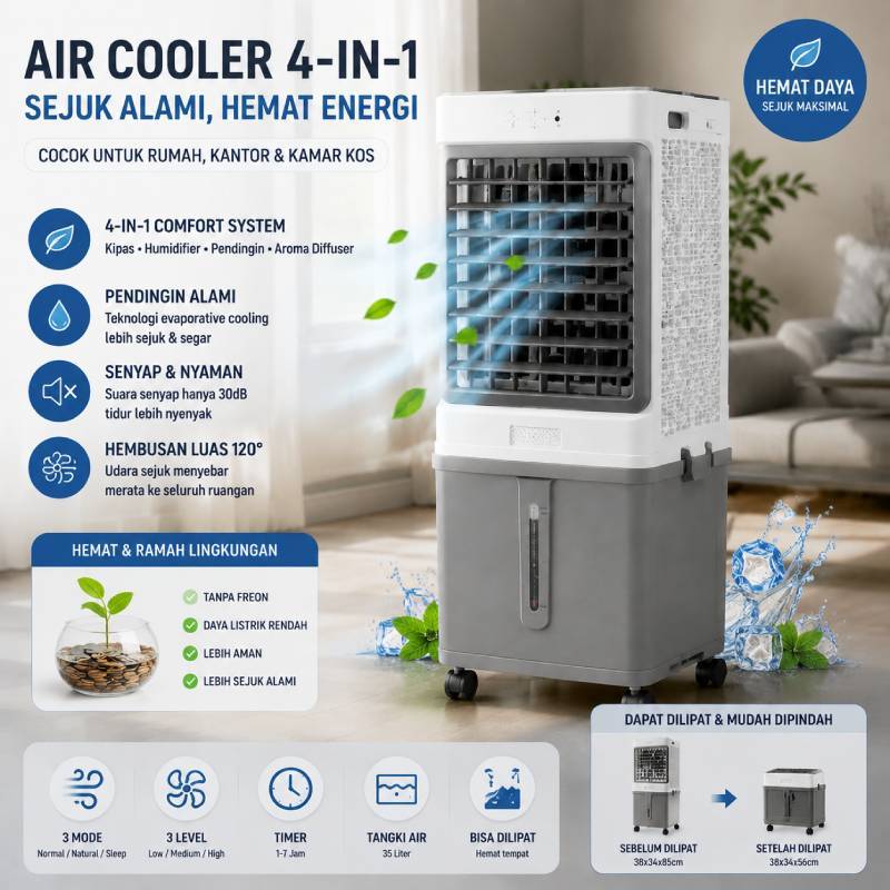 Air Cooler Portable 35L Kipas Angin AC Humidifier Remote Control Bisa Dilipat