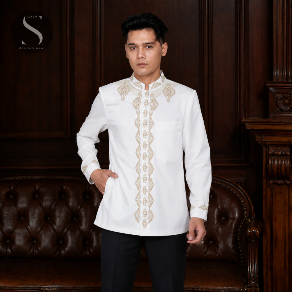 Jas Koko Pria Bordir Salafy Premium Katun Tessa Jasko Muslim Putih Tulang Elegan