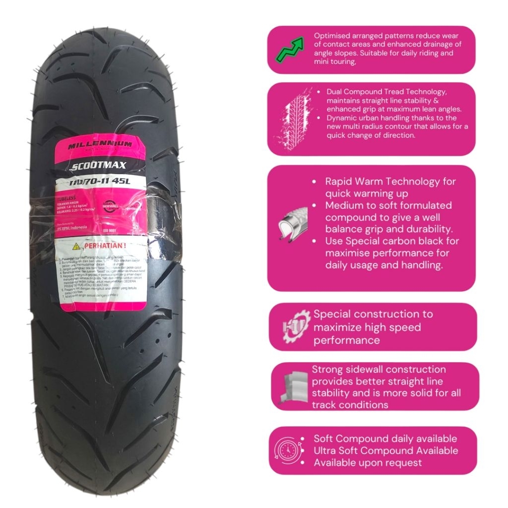 ban tubeless millennium Scootmax 110/70 11 untuk vespa LX 125,vespa LX 150,vespa S 125,vespa primave