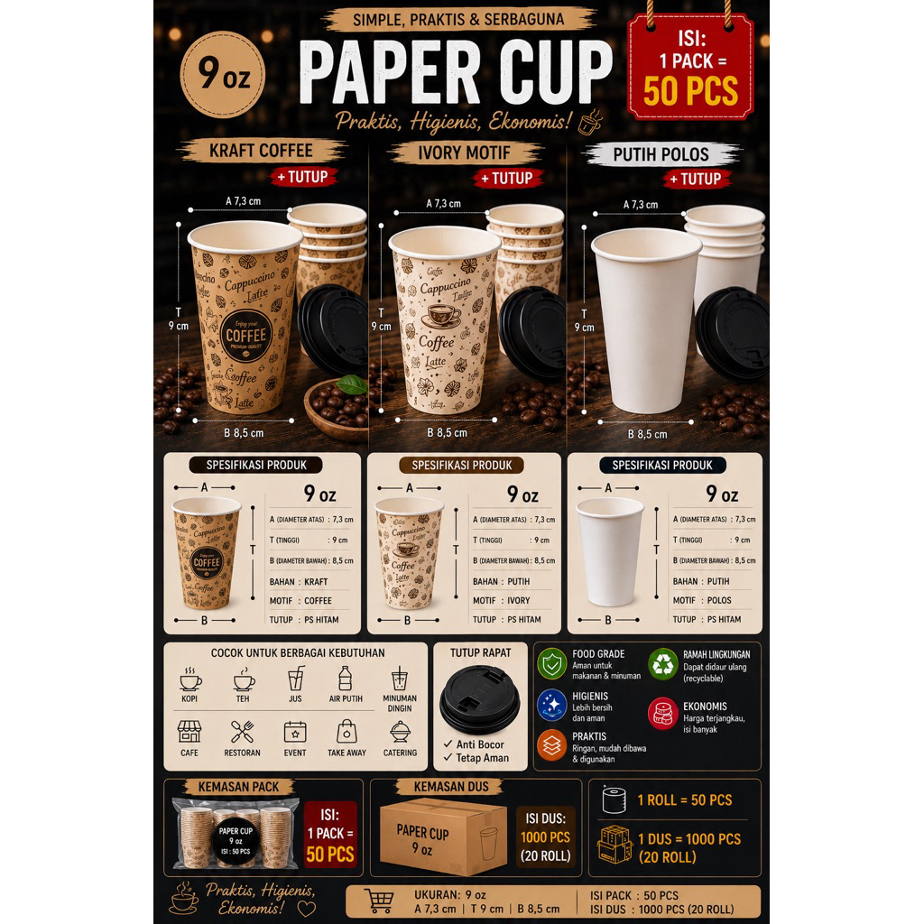 PAPER CUP 9OZ MOTIF KRAFT/MOTIF IVORY/POLOS