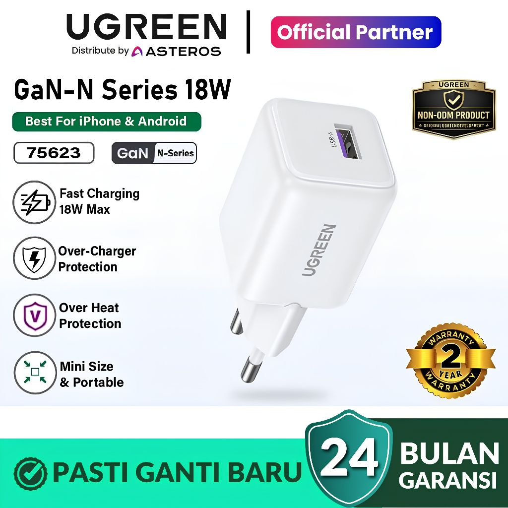 UGREEN 75623 Kepala Adaptor Charger USB A 18W 3A GaN N Series White Putih PD Fast Charging Power Del