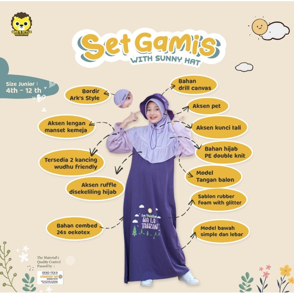 Set Gamis Anak Perempuan Muslim Nyaman Fashion Usia 4 Sampai 12 Tahun/ Set Gamis With Sunny Hat Seri