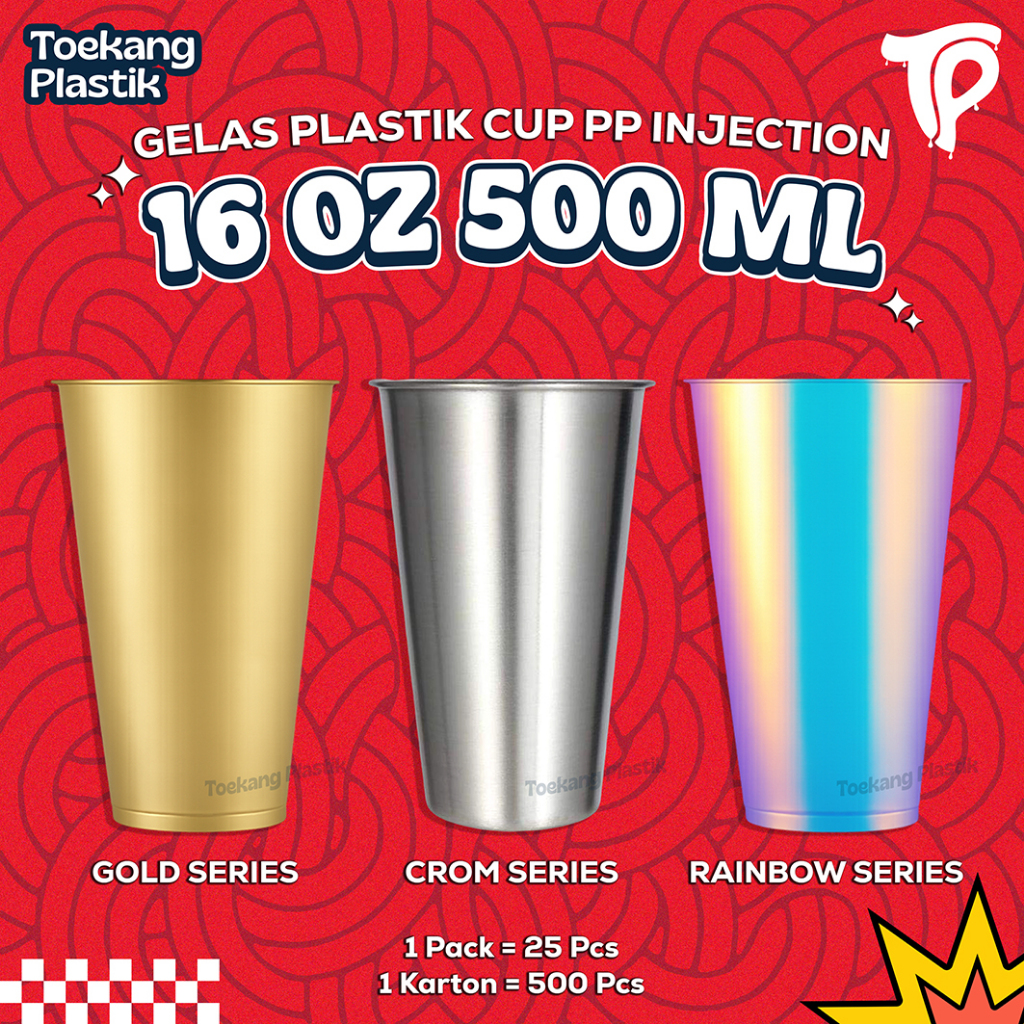 Gelas Plastik Cup PP Injection 16oz 500ml ( GOLD, CROM, SILVER & RAINBOW ) Premium Quality - CUP ONL